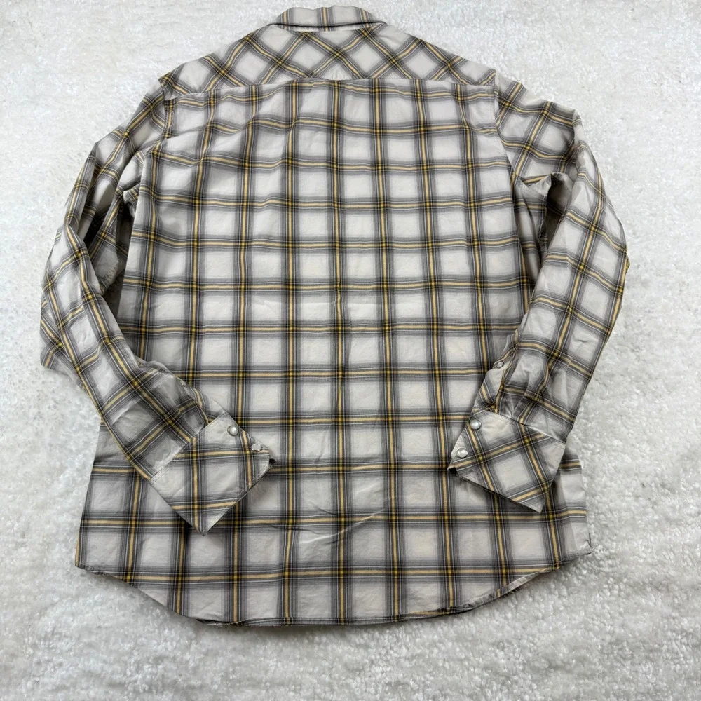 Banana Republic Mens Slim Fit Western Plaid Shirt Pearl Snap Grey‎ Yellow Size M